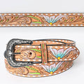 Tooled Leather Western Belt - Pastel Blue & Pink Floral Design