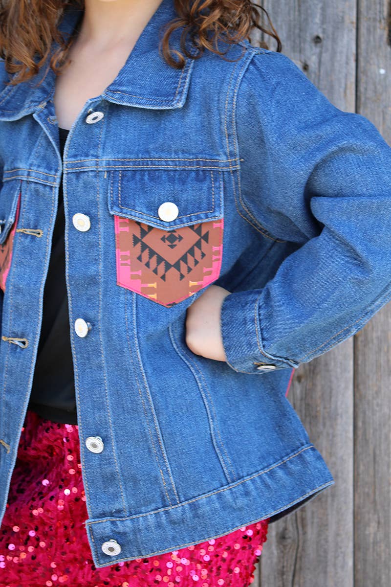 DENIM JACKET W/AZTEC PRINTED POCKET & BACK.
