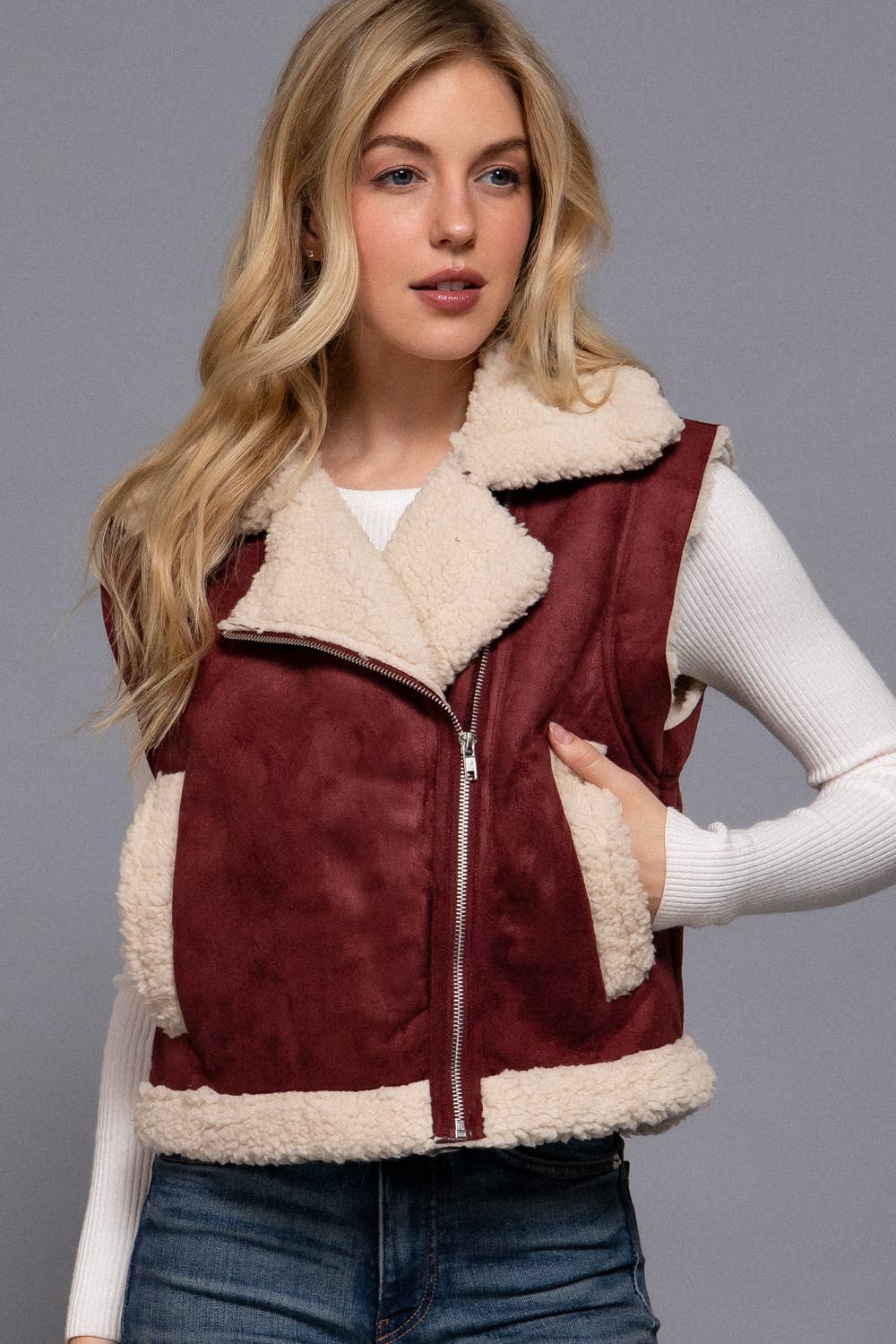 Faux Suede Inner Fur Zip Up Vest