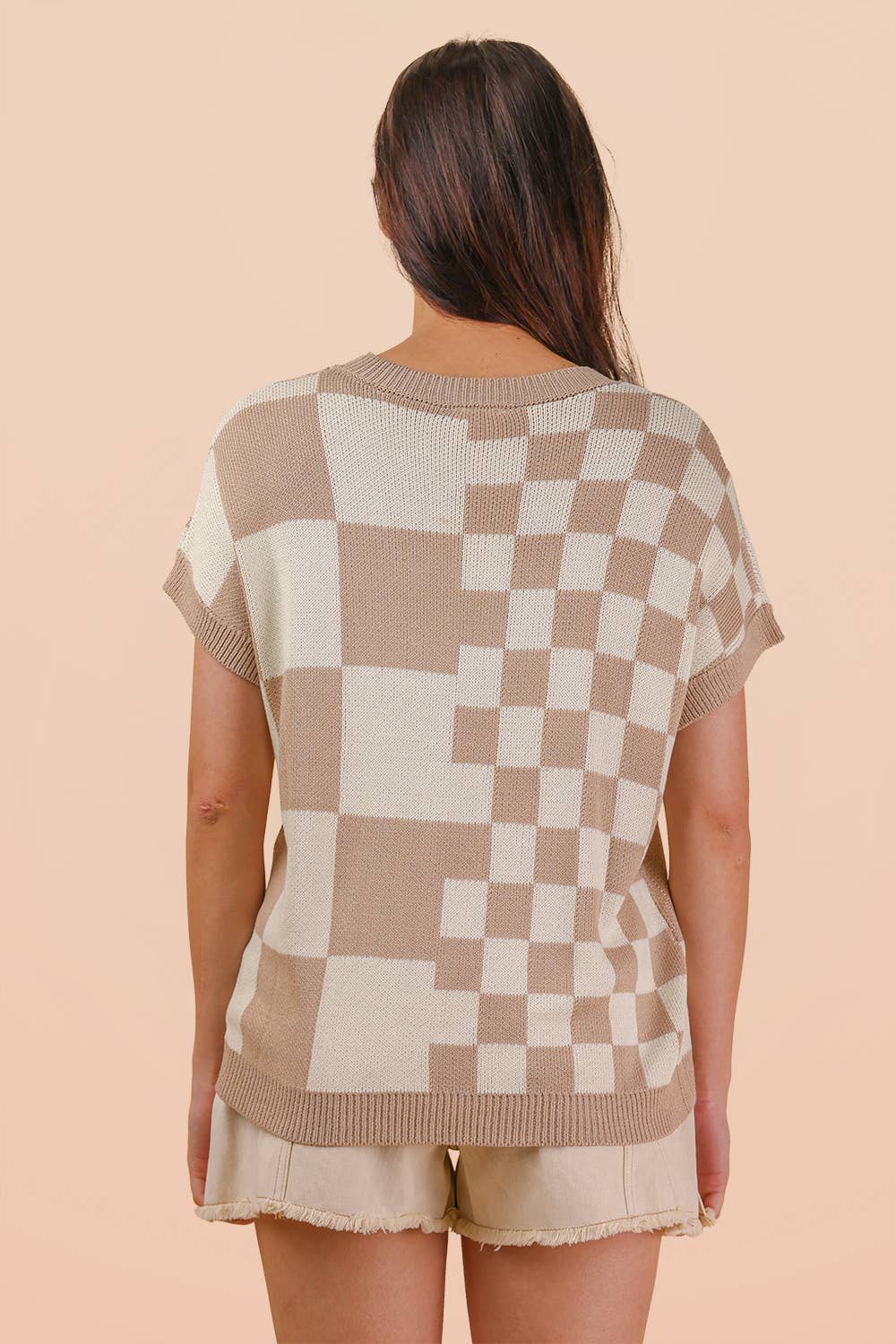 Dolmen Sleeve Checkered Knit Casual Sweater Top
