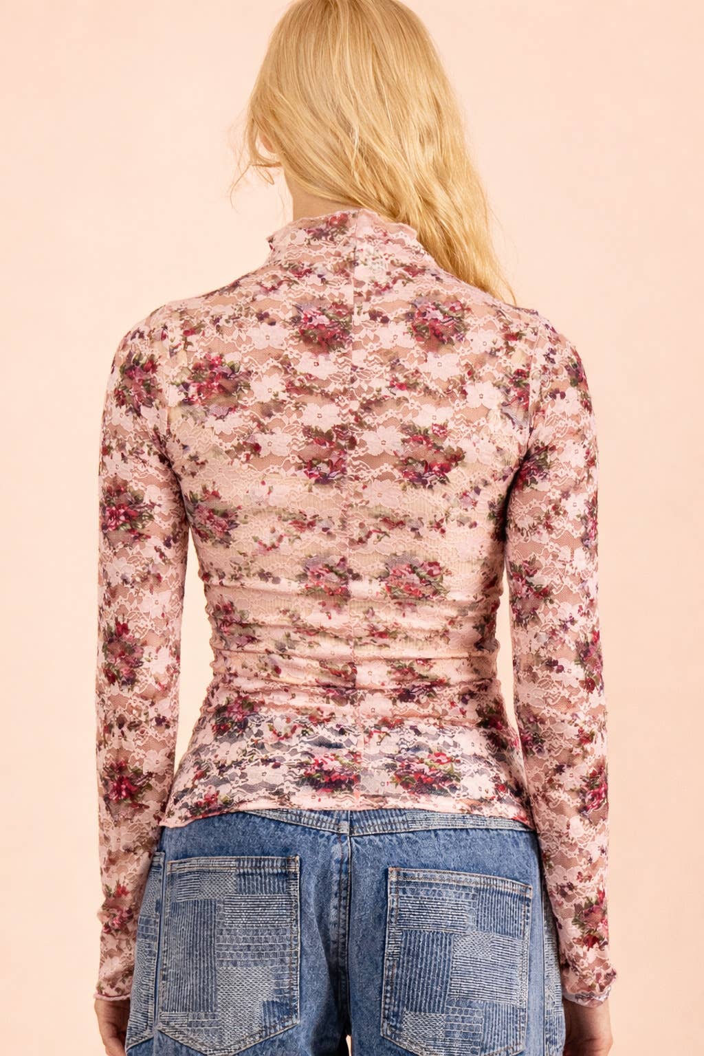 High Neck Fitted Sheer Mesh Lace Knit Top