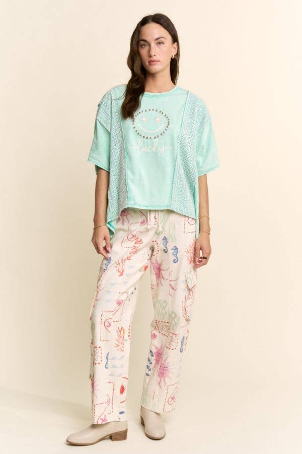 Lucky Smiley Pearl Embellished Boxy Tee