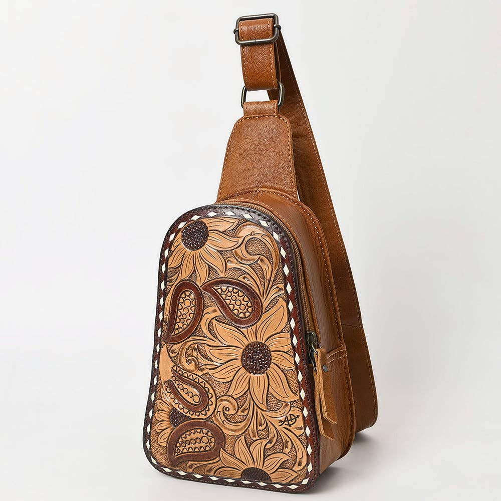 American Darling Western Leather Sling Bag with Hand-Tooled Floral Carving Genuine Leather