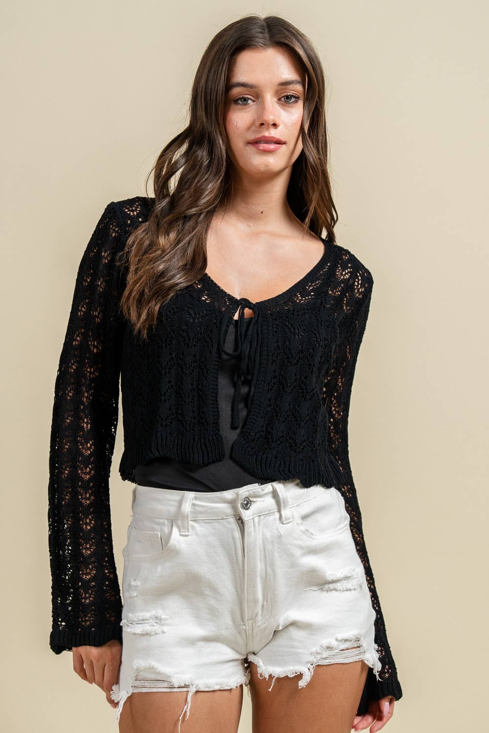 CROCHET OPEN KNIT POINTELLE CROP CARDIGAN