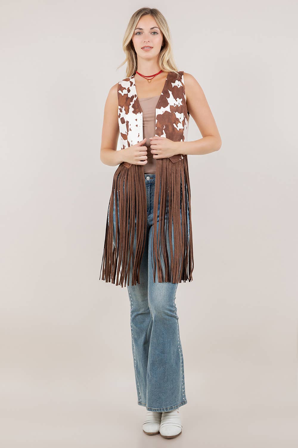 BROWN COW PRINT LONG FRINGE FAUX SUDE VEST