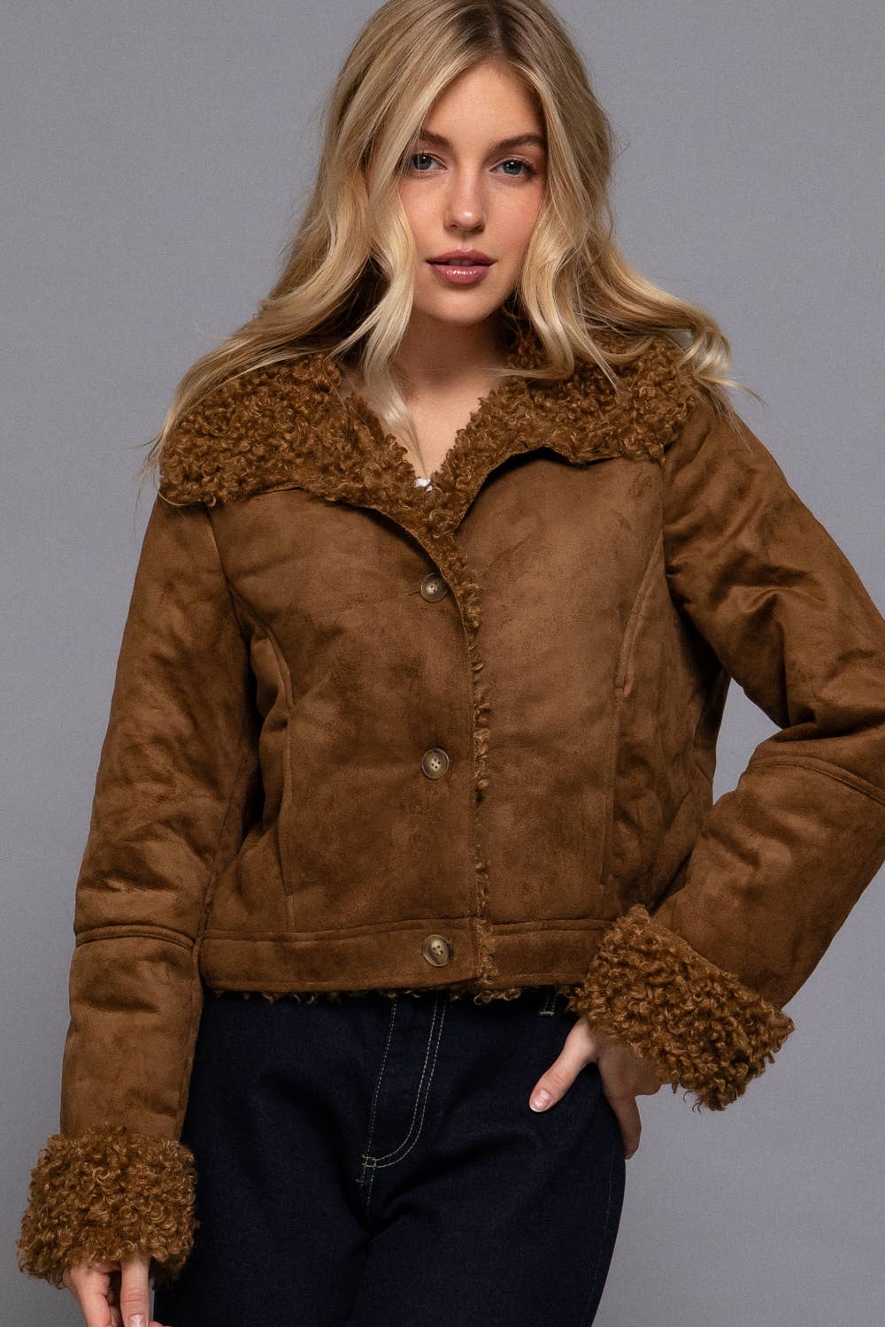 Long Sleeve Inside Fur Detail Penny Lane Suede Short Jacket