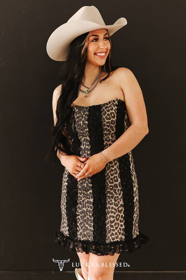 Strapless Stretch Denim Corset Leopard Dress 