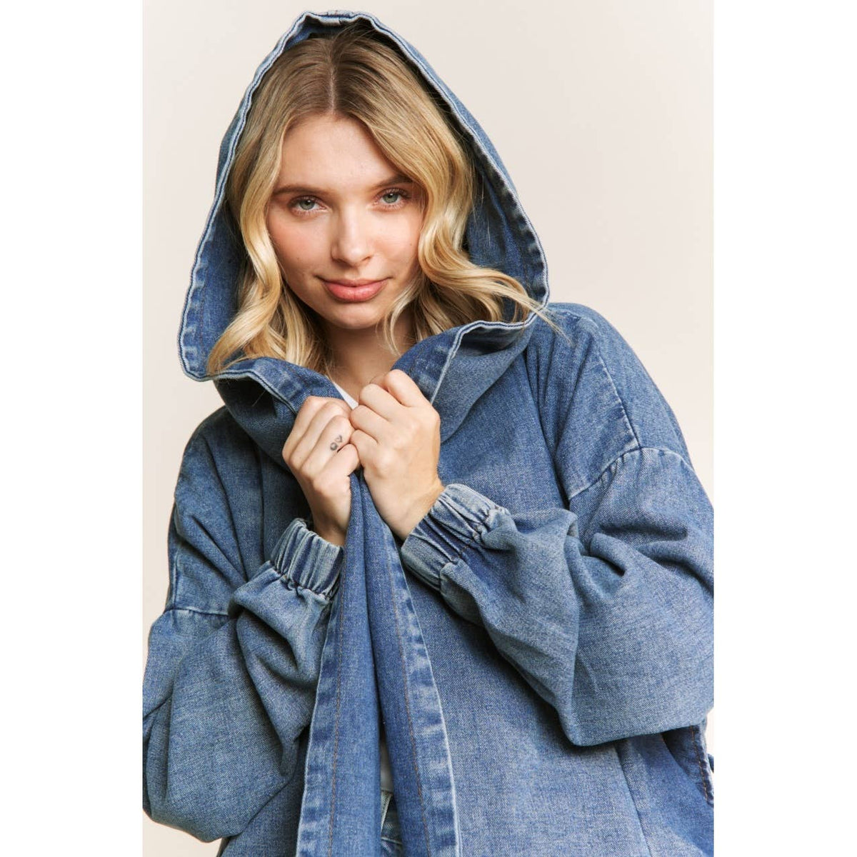 VINTAGE DENIM WASHED HOODED COAT SHACKET