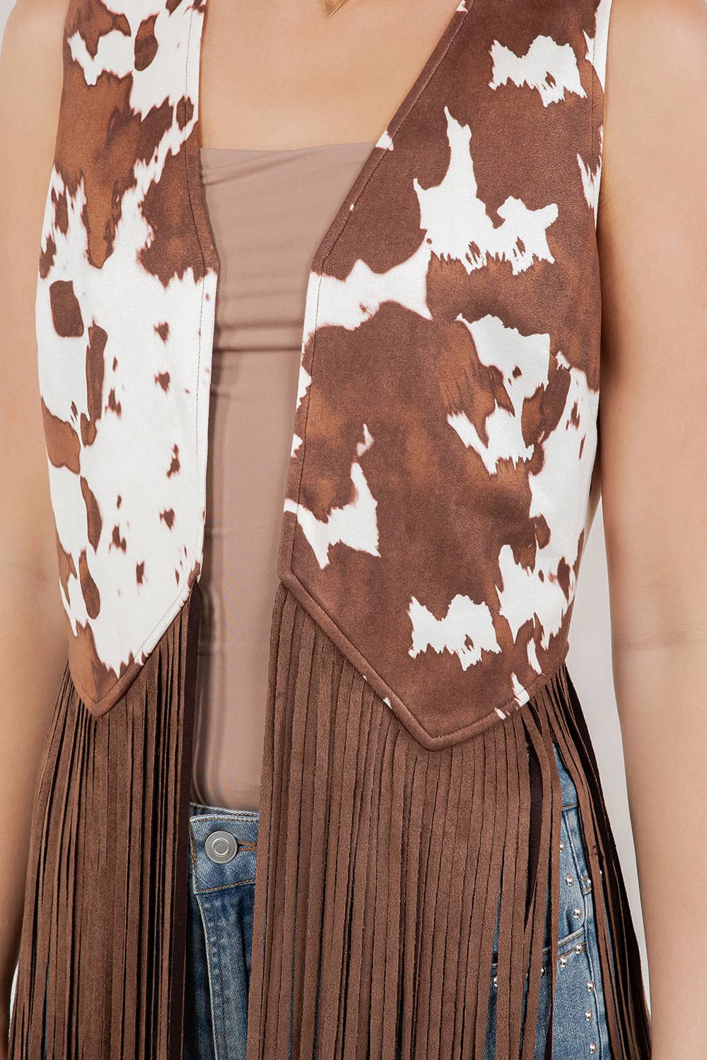 BROWN COW PRINT LONG FRINGE FAUX SUDE VEST