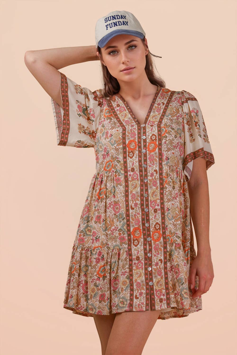 Shirring Detail Printed Woven Mini Dress