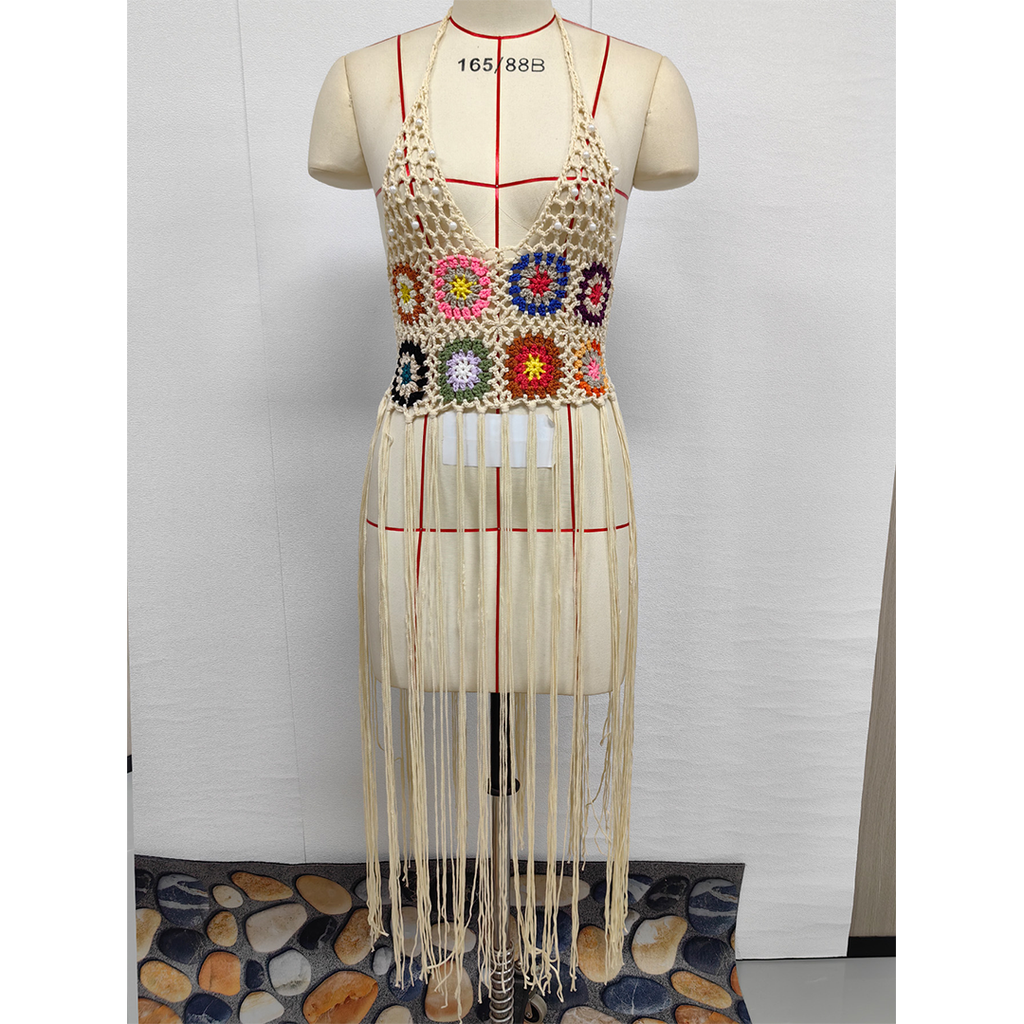 Multicolor Tassel Patchwork Tie-Up Beach Cover-Up