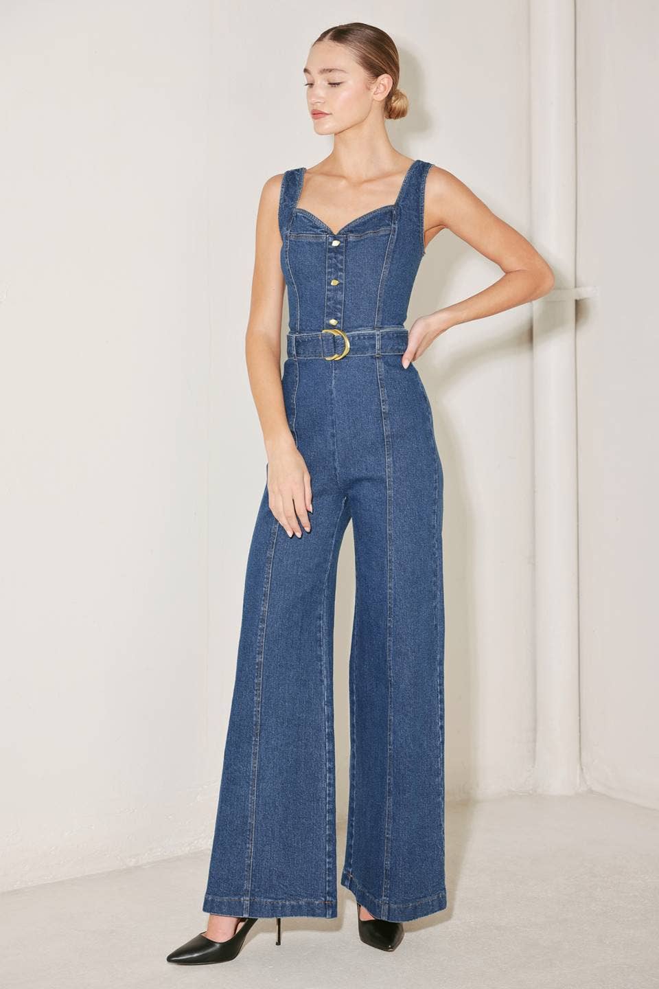 A washed denim jumpsuit