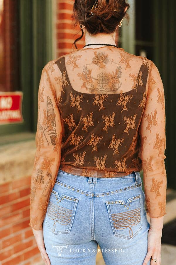 Brown Lace Mesh Long Sleeve Stretch Top