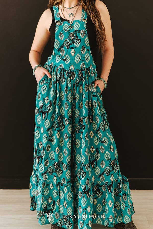 Teal Aztec Cowboy Printed Wide Leg Ruffle Western Jumpsuit