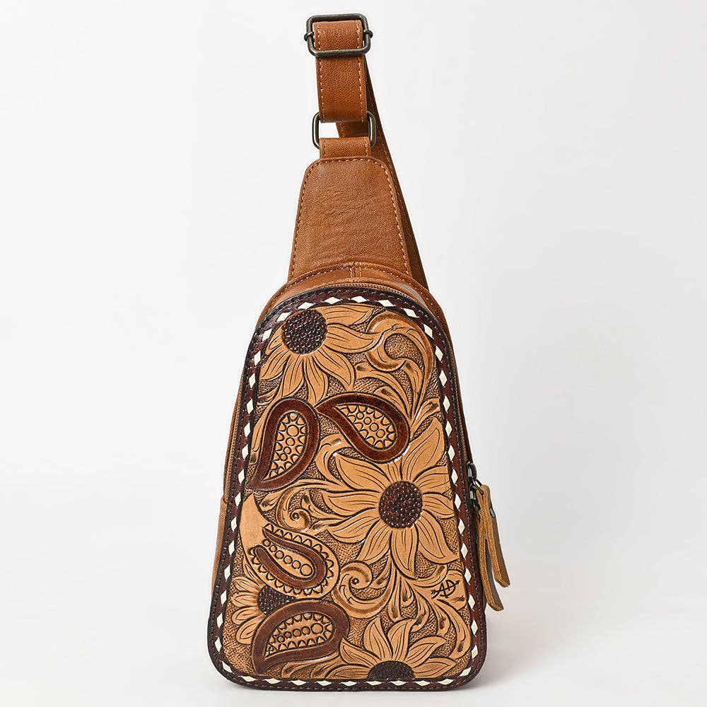 American Darling Western Leather Sling Bag with Hand-Tooled Floral Carving Genuine Leather