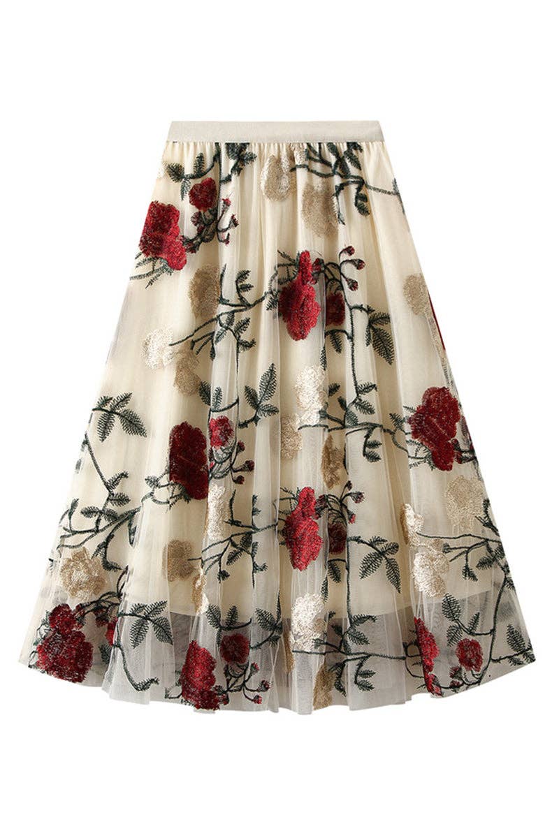 Floral Embroidered Midi Skirt