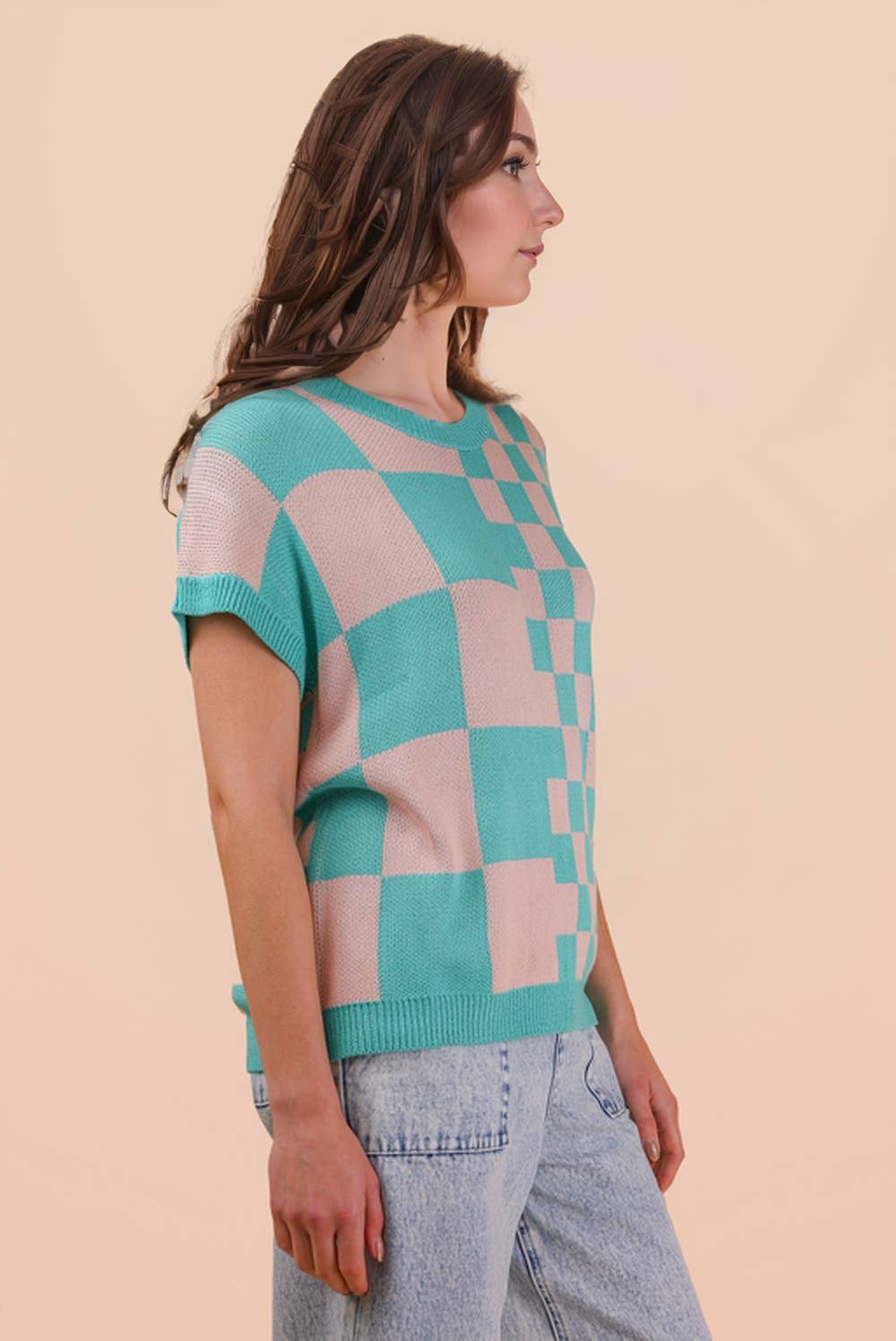 Dolmen Sleeve Checkered Knit Casual Sweater Top
