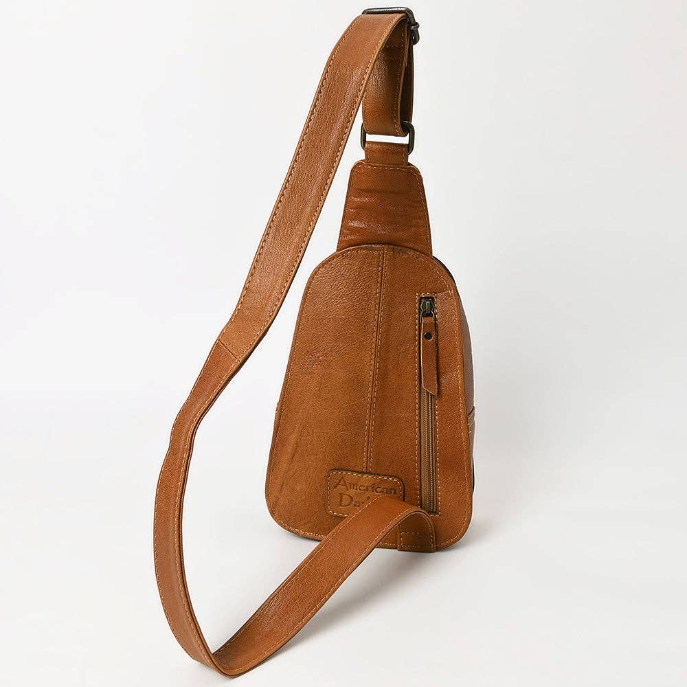 American Darling Western Leather Sling Bag with Hand-Tooled Floral Carving Genuine Leather