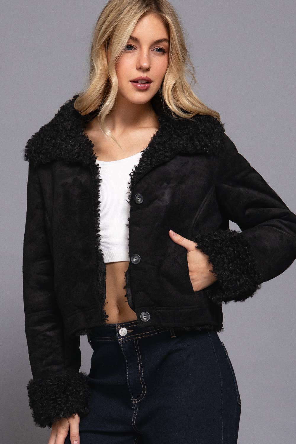 Long Sleeve Inside Fur Detail Penny Lane Suede Short Jacket