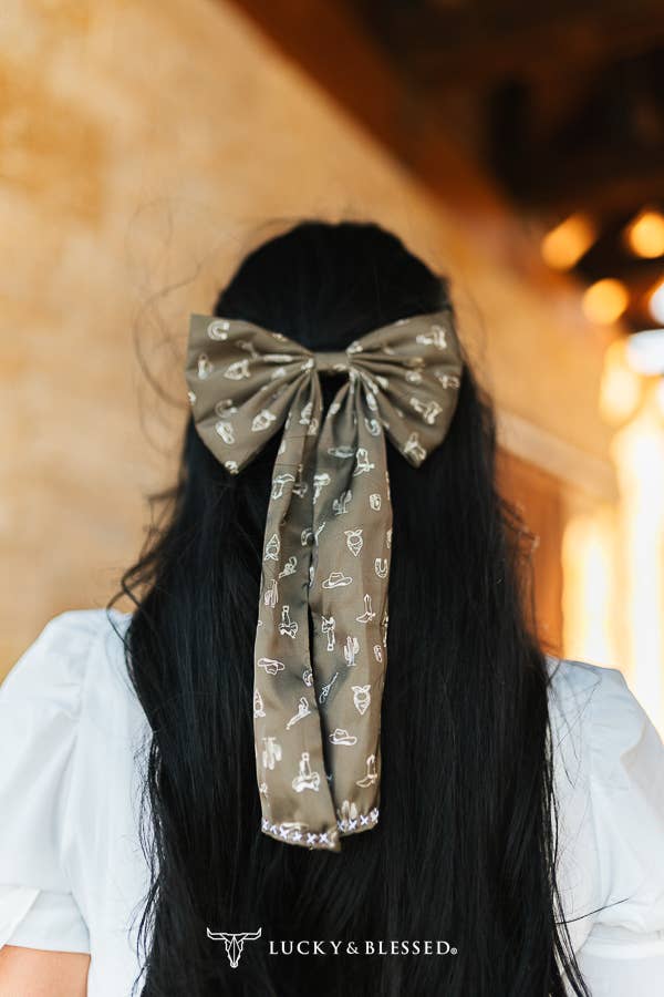 Taupe Western Contrast Printed Hair Clip Bow