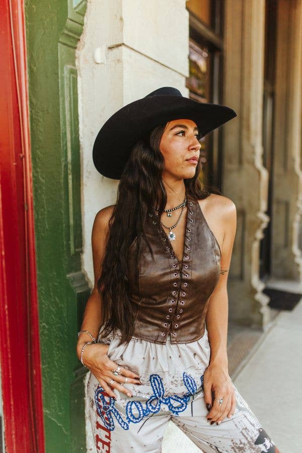 Brown Faux Leather Lace-Up Halter Top