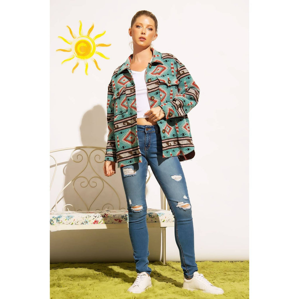 TRIBAL AZTEC PATTERN BUTTON DOWN SHIRT JACKET