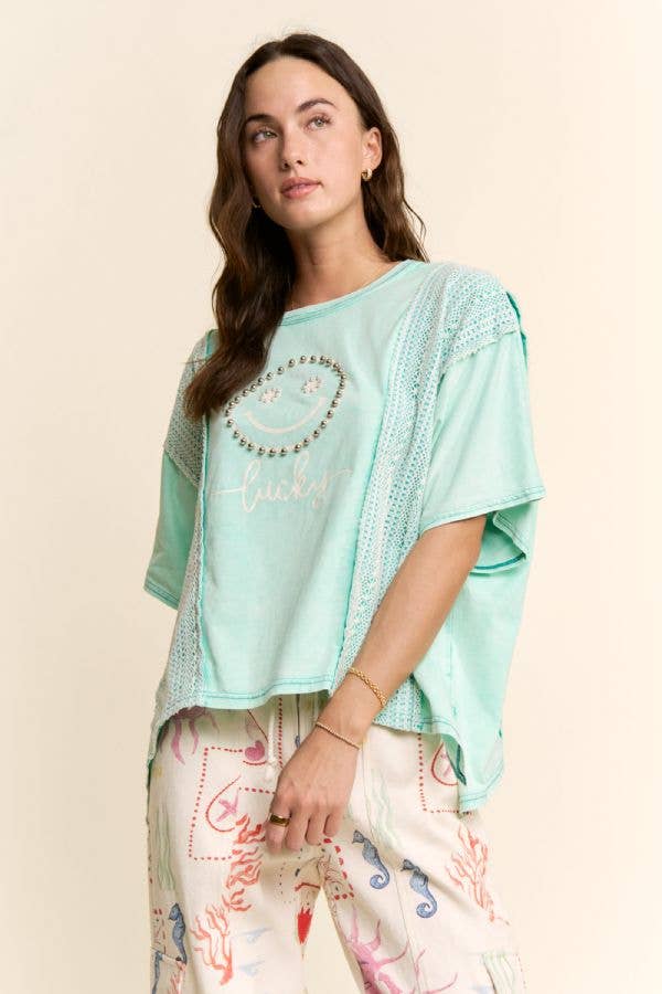 Lucky Smiley Pearl Embellished Boxy Tee