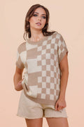 Dolmen Sleeve Checkered Knit Casual Sweater Top