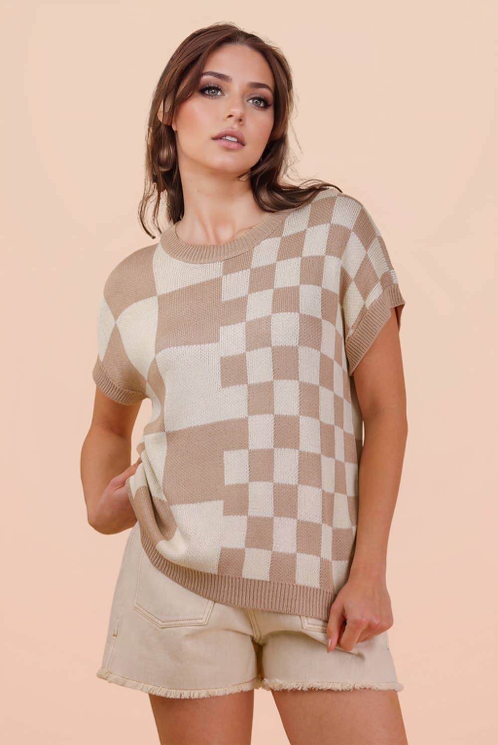 Dolmen Sleeve Checkered Knit Casual Sweater Top