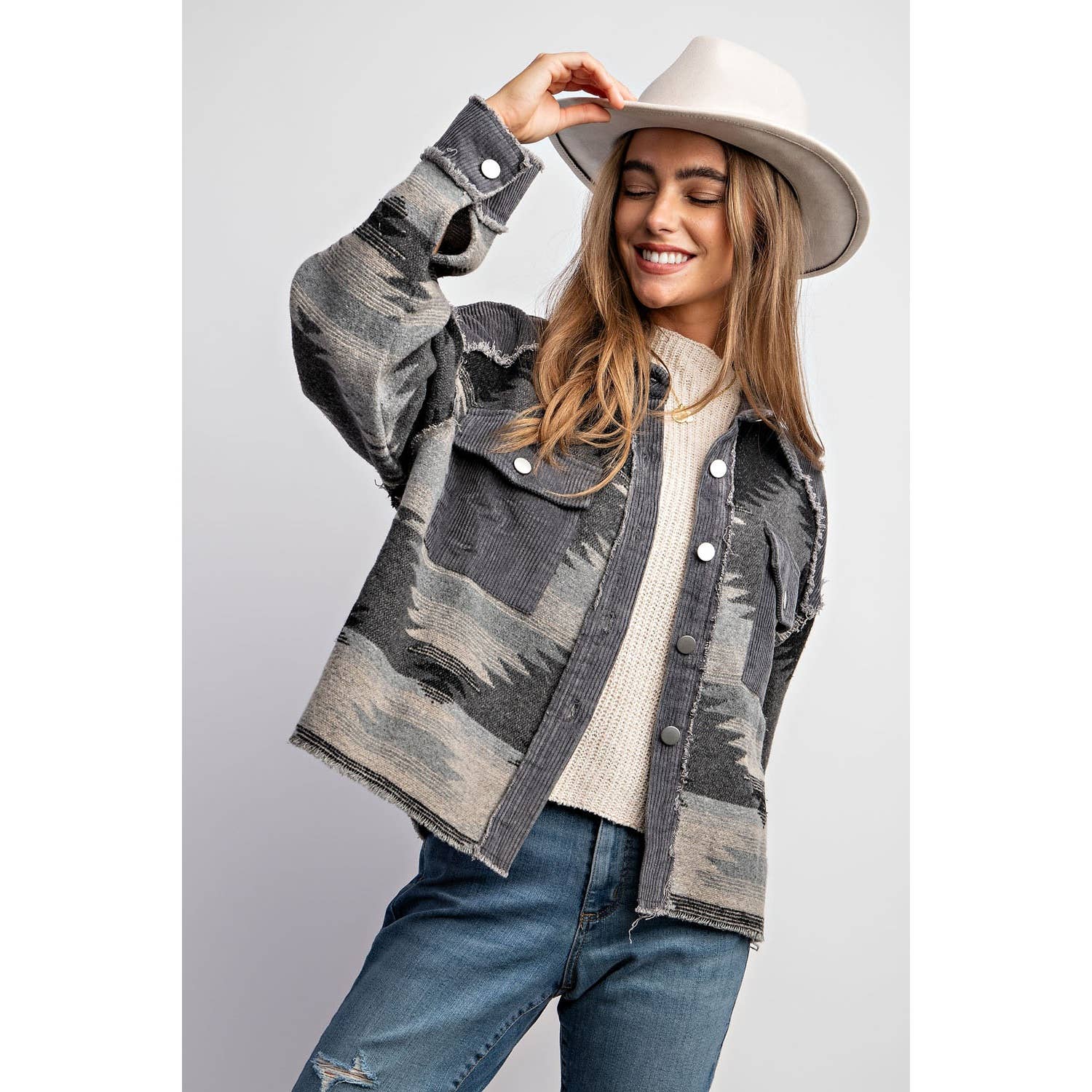 TRIBAL AZTEC PATTERN COLORBLOCK BUTTON DOWN SHIRT JACKET