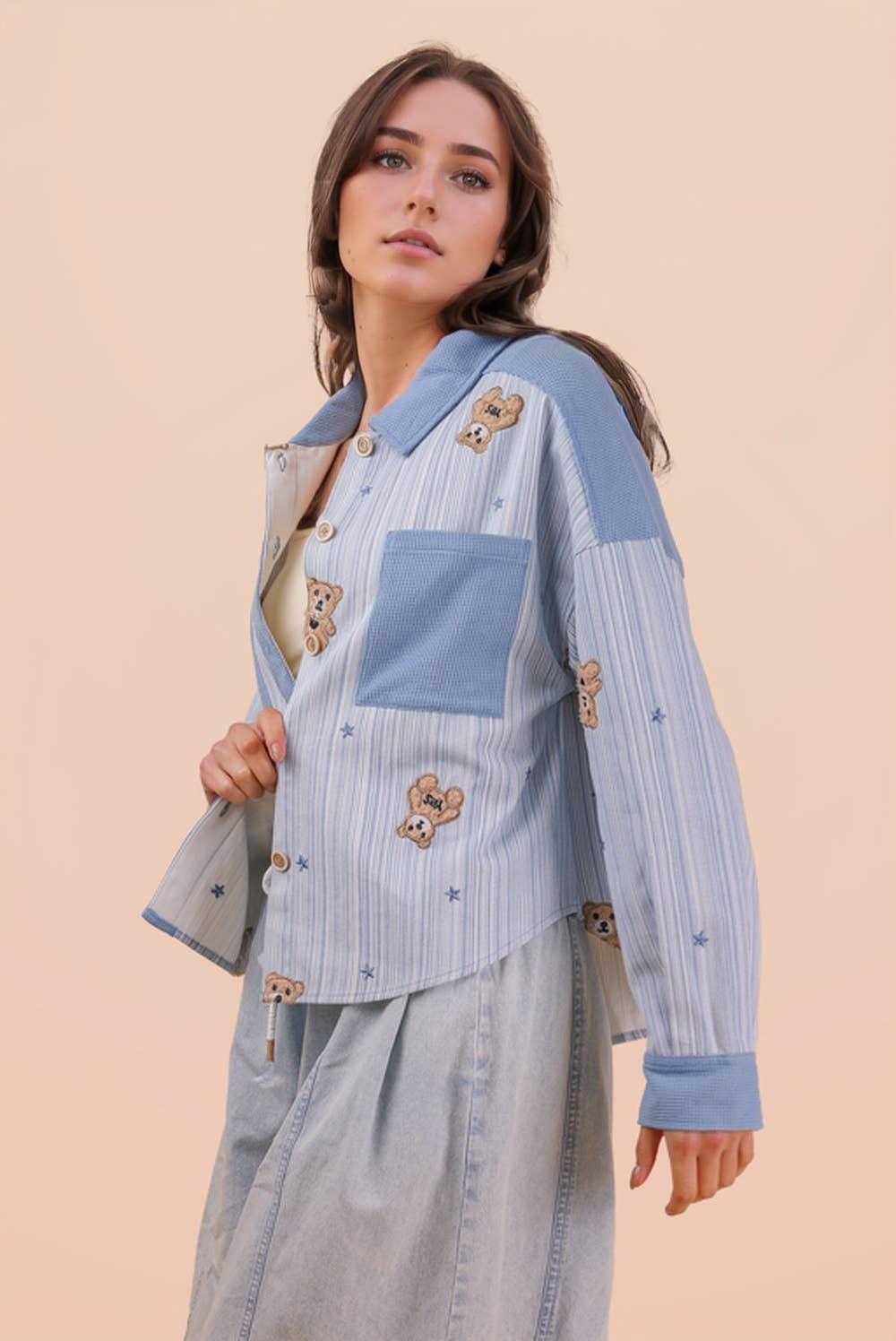 Oversized Teddy Bear Patch Shacket Jacket