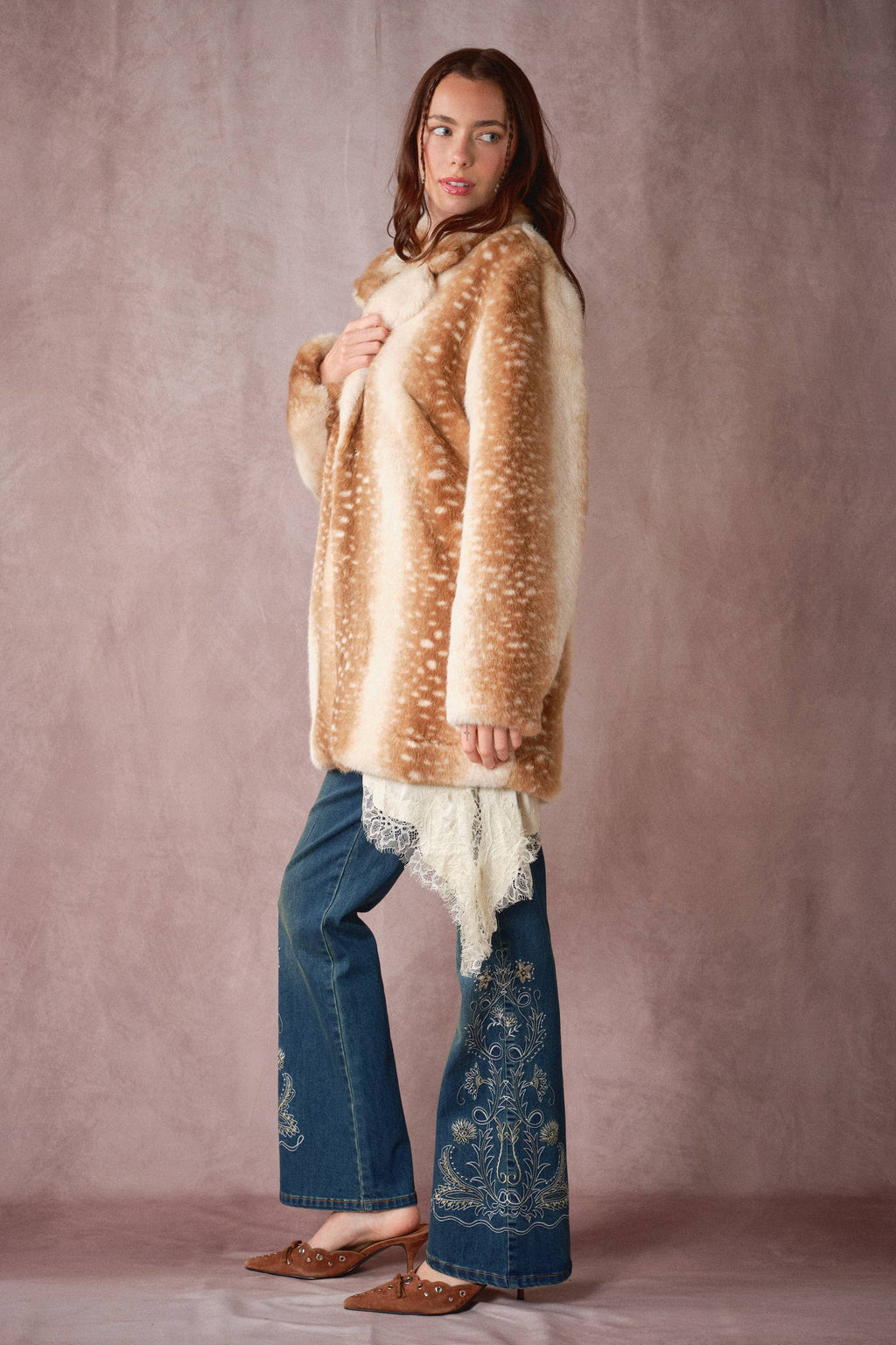Deer Print Faux Fur Coat