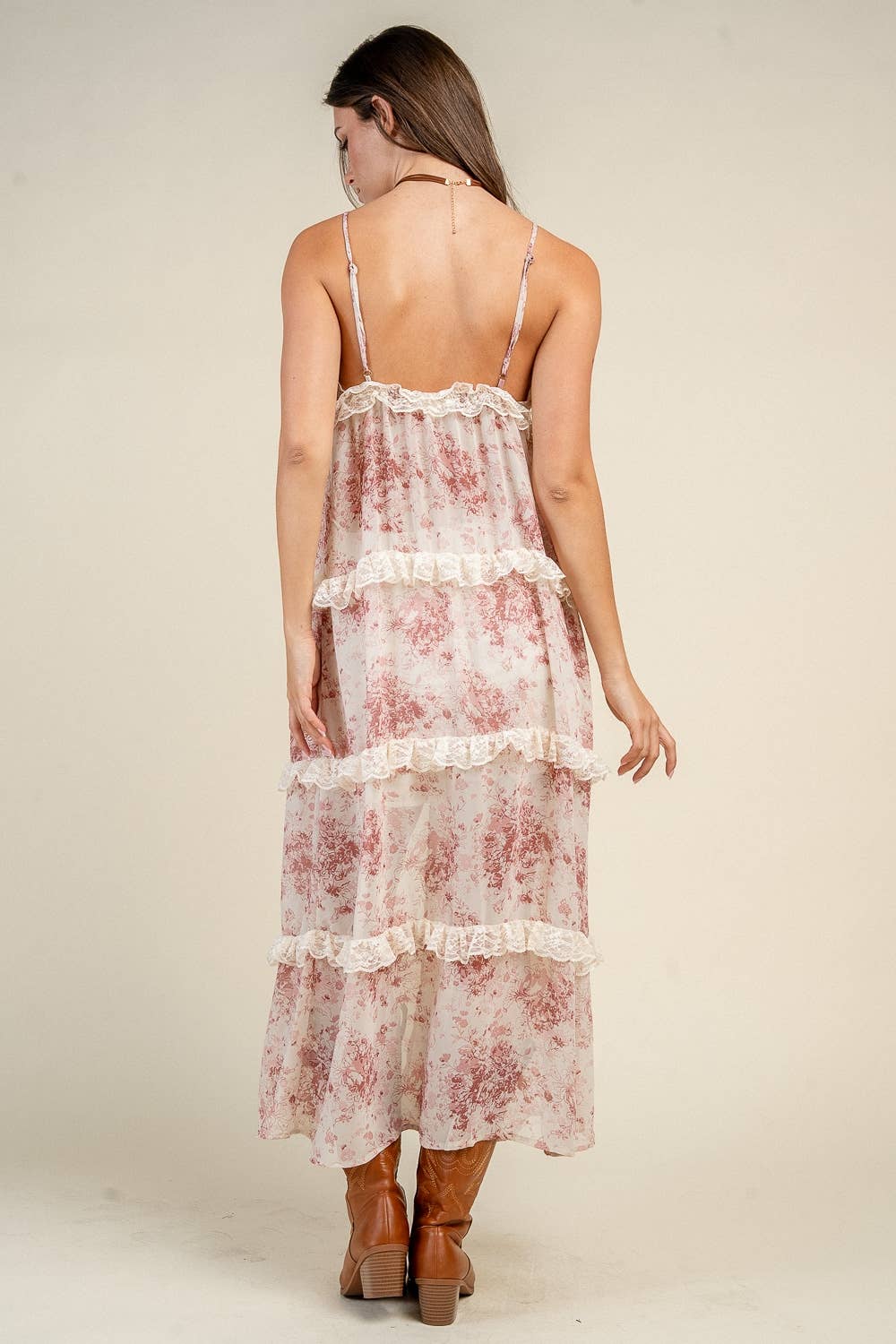 CAMI MIDI TIE FRONT TOP W/ LACE TIERED DETAIL