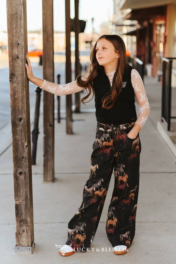 Girls Running Horse High Rise Stretch Denim Wide Leg Jeans