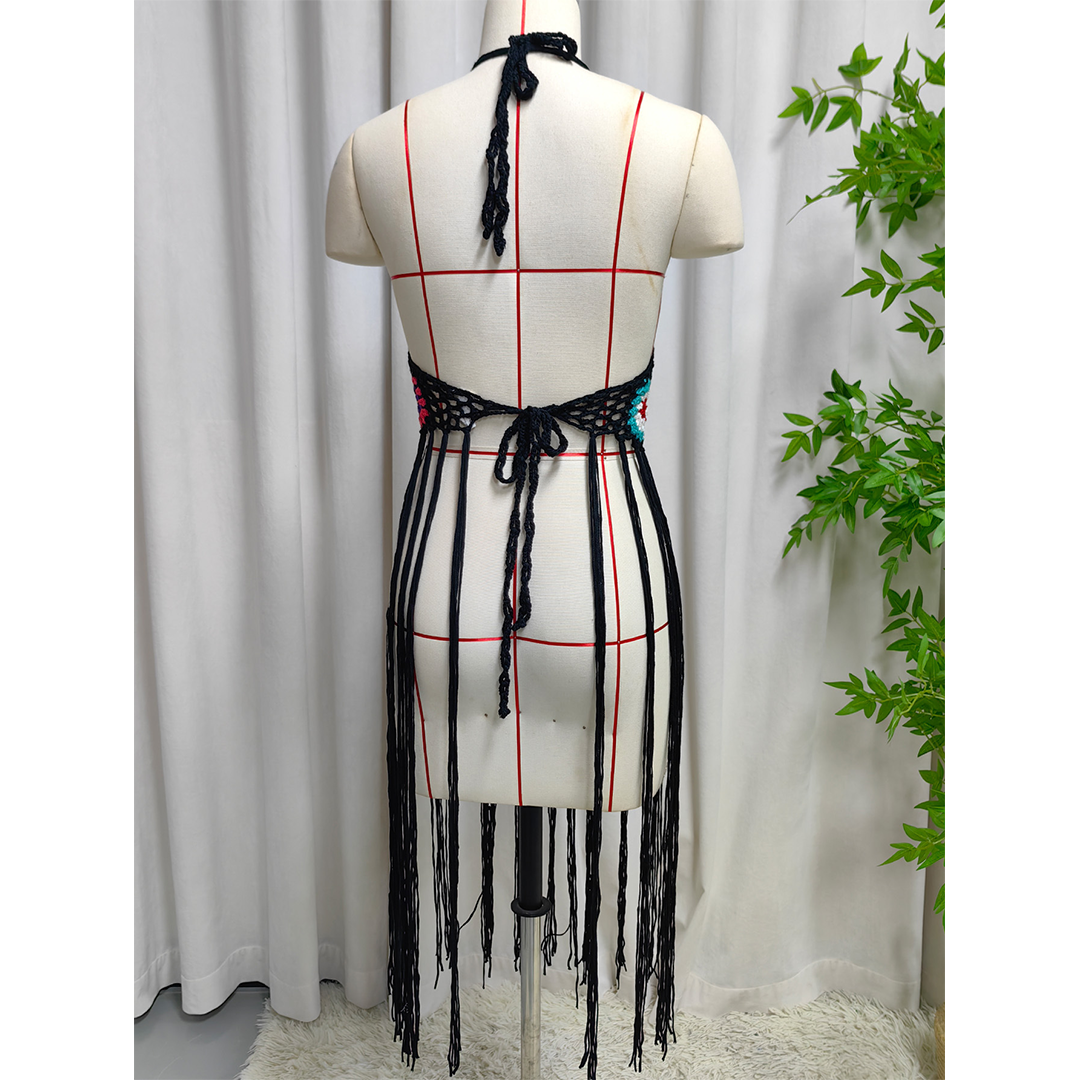 Multicolor Tassel Patchwork Tie-Up Beach Cover-Up