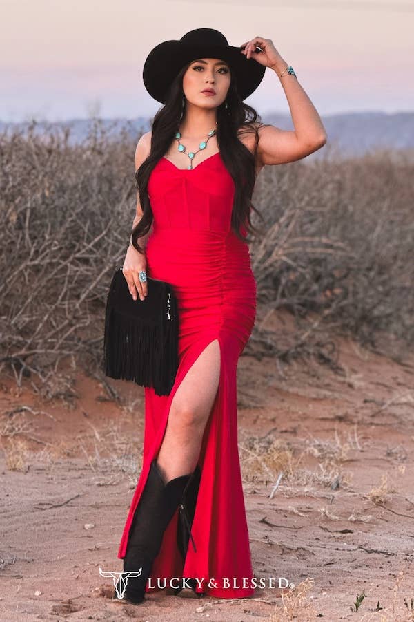 Red Corset Ruched Spaghetti Strap Front Slit Dress