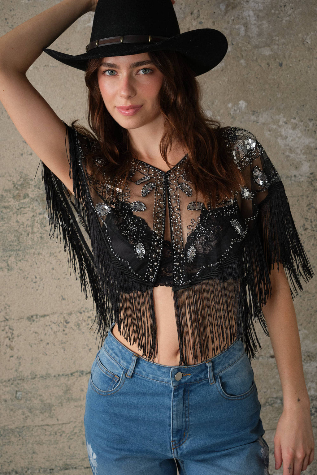 Sequin Beaded Fringe Mesh Cape