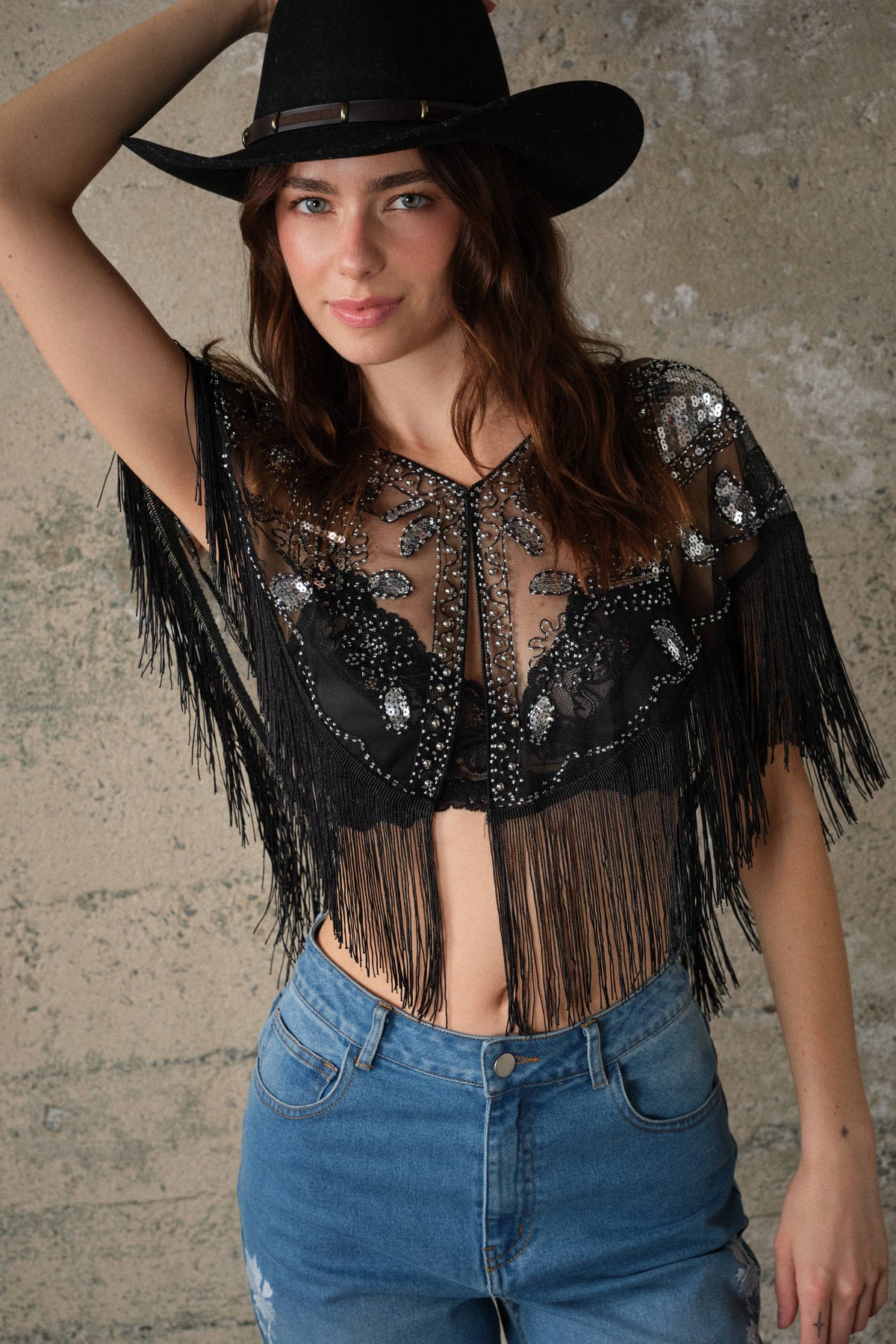 Sequin Beaded Fringe Mesh Cape