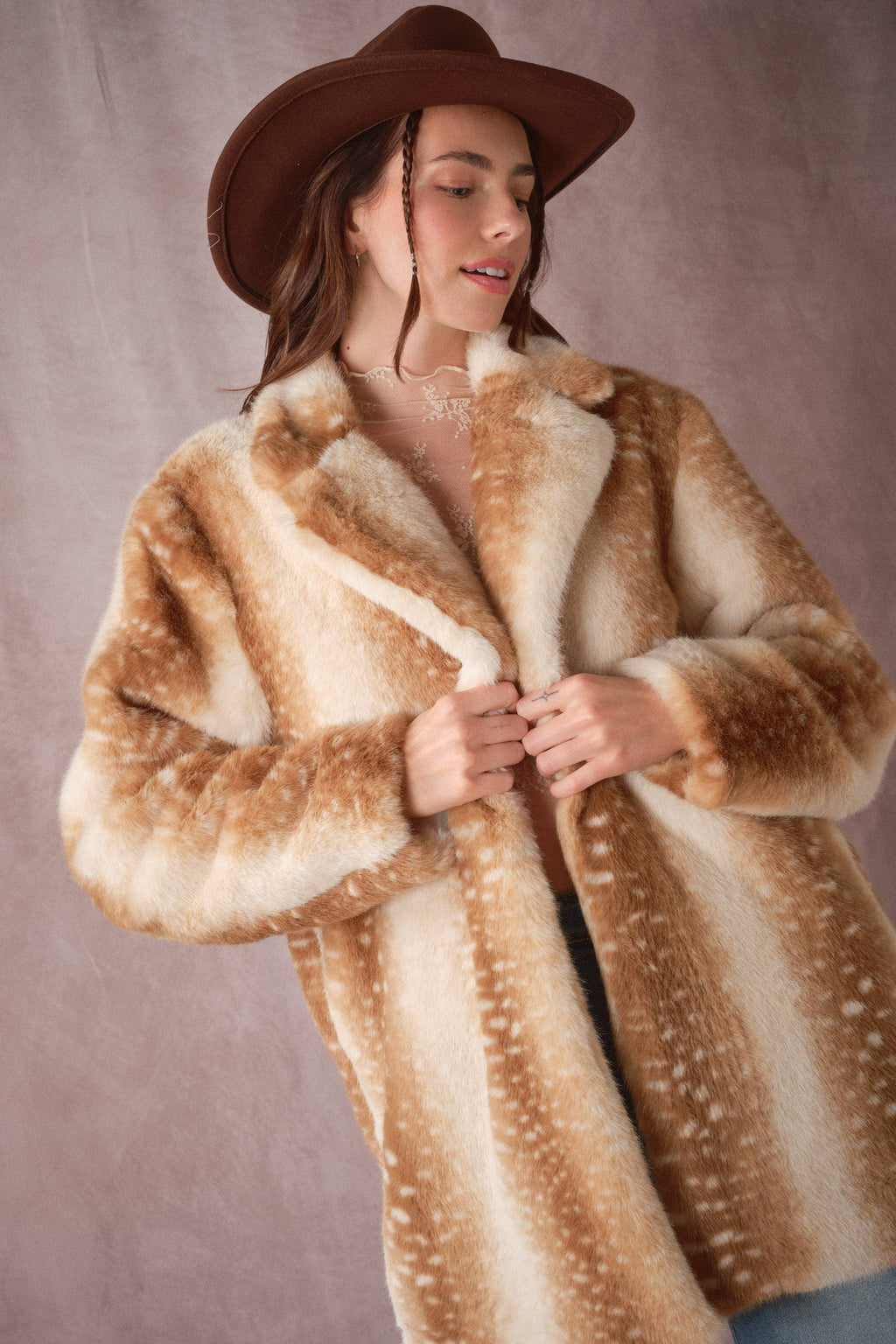 Deer Print Faux Fur Coat