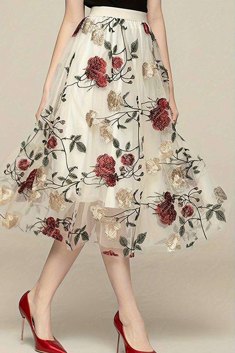Floral Embroidered Midi Skirt