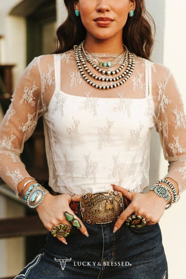 Silver Lace Long Sleeve Stretch Top