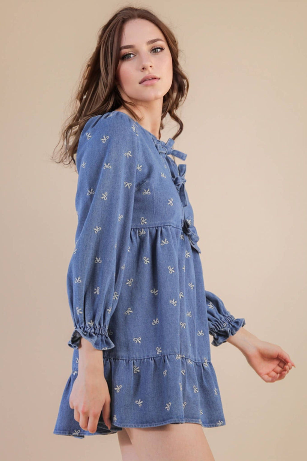Soft Washed Denim Cherry Casual Mini Dress