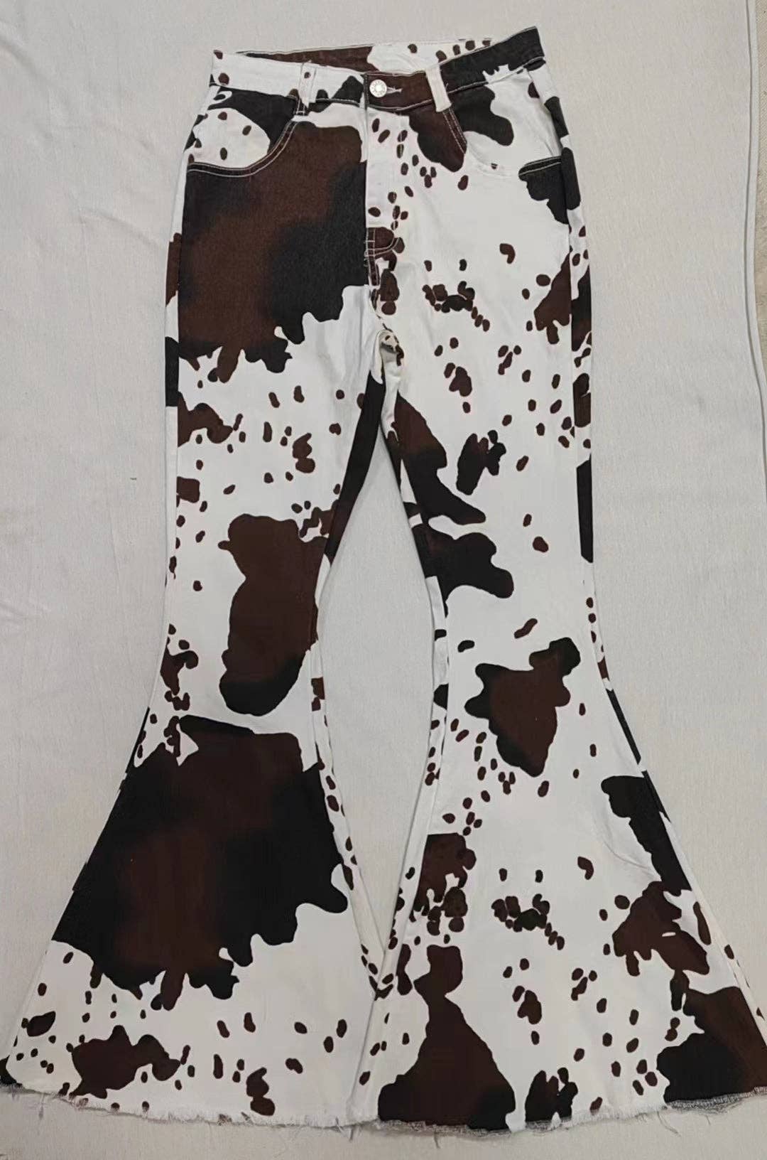 Adult Women Cow Print Denim Bell Pants Jeans