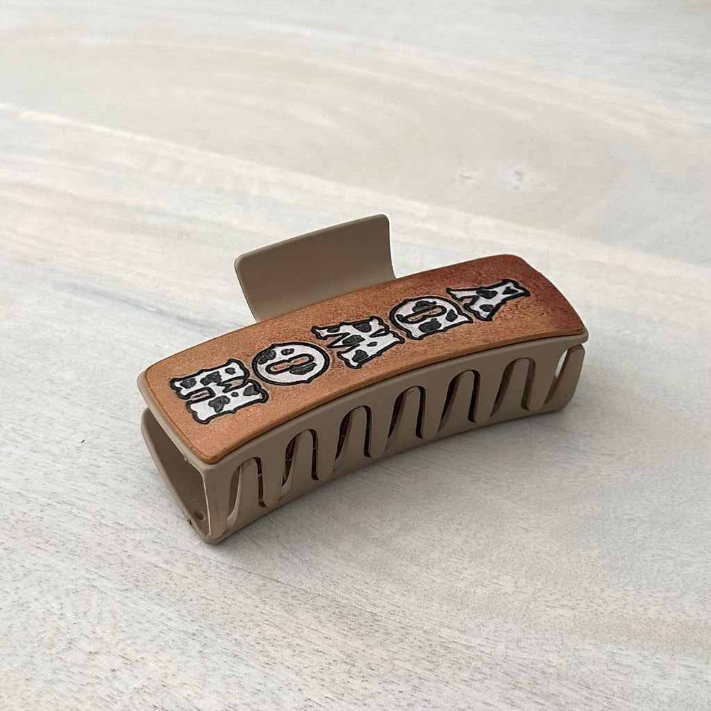 Western Hair Clip Leather Claw Cow Print "Howdy"