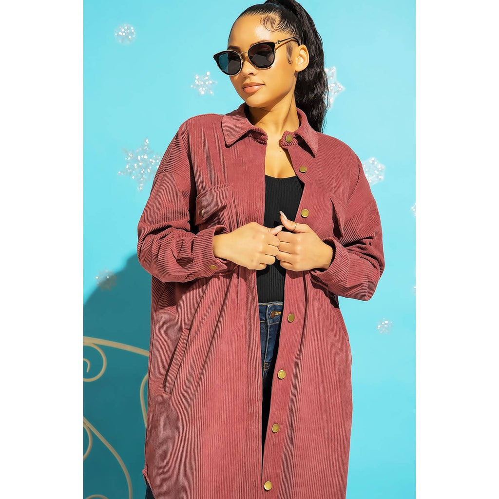 LONG CORDUROY BUTTON DOWN SHIRT JACKET SHACKET